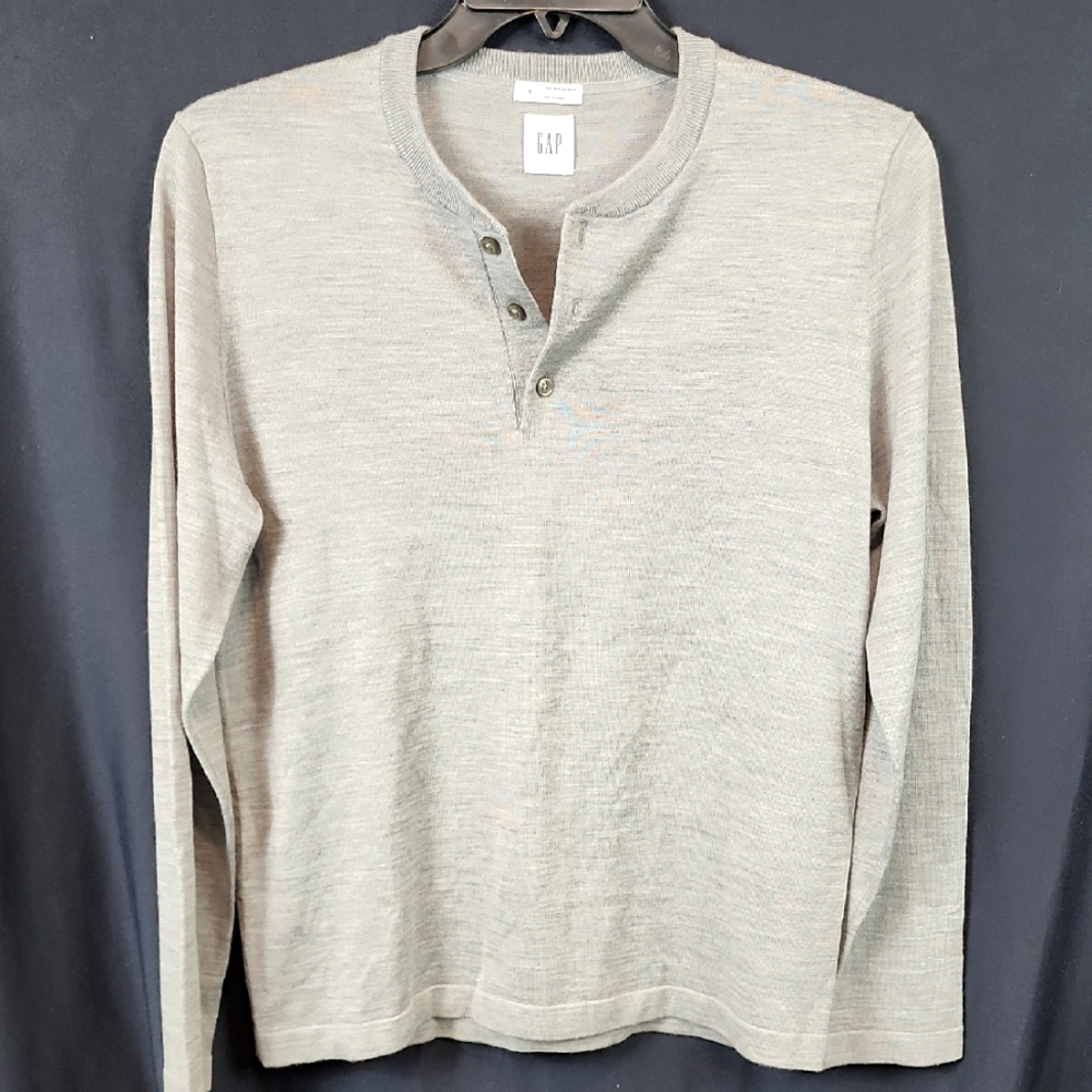 Men's GAP Light Gray Henley Long Sleeve 100% Merino Wool Shirt Size S